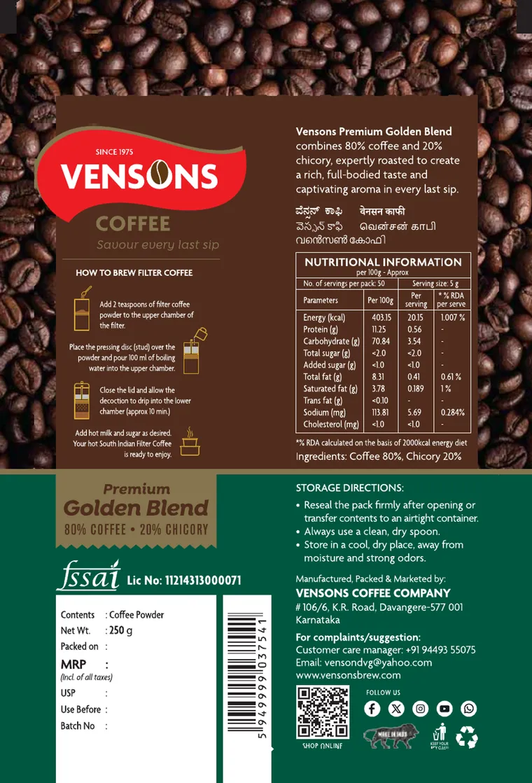 Back of the Golden Blend pack showing brewing steps, nutritional information and storage directions